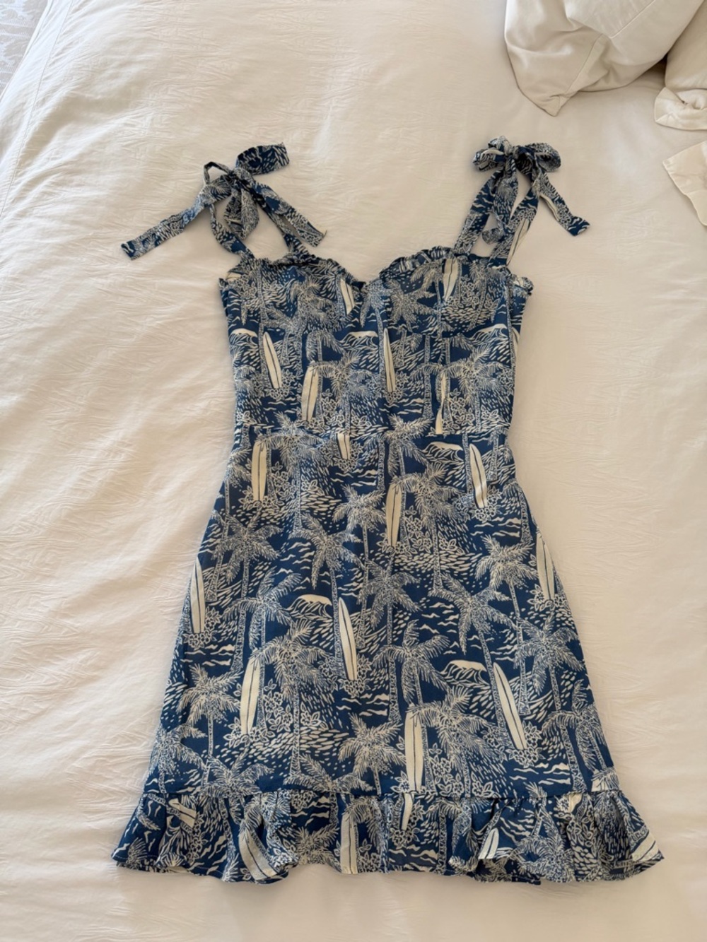 Reformation Blue and White Tropical Tie-Shoulder Mini Dress